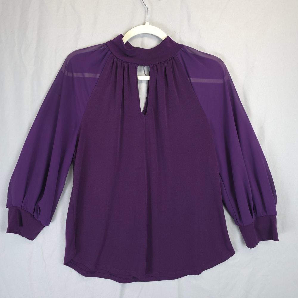 7th Avenue Blouse Women M Purple Sheer Sleeve Mock Neck Keyhole Chic Office Chic